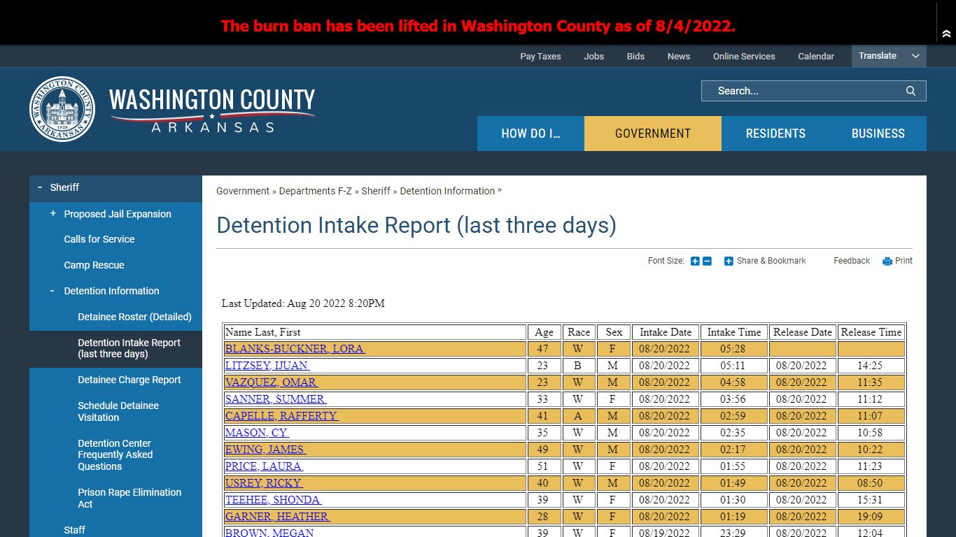 Detention Intake Report (last three days) | Washington County, AR